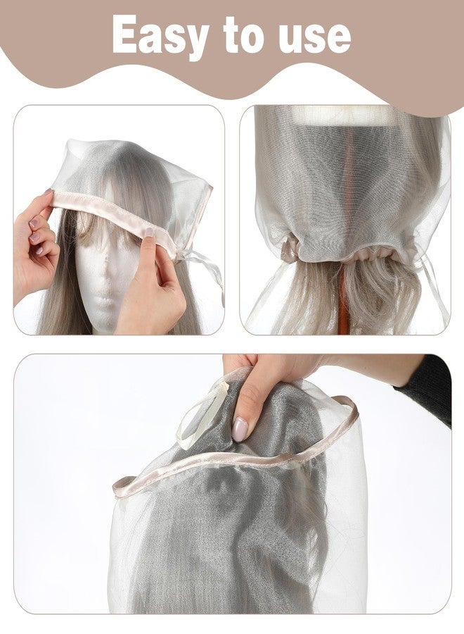 Aeaocvo 2 Pcs Wig Storage Bags, Adjustable Wig Covers with Drawstring, Portable Travel Wigs Storage Bag, Stand Dust Covers for Home Travel Salon (Beige) - Image 4